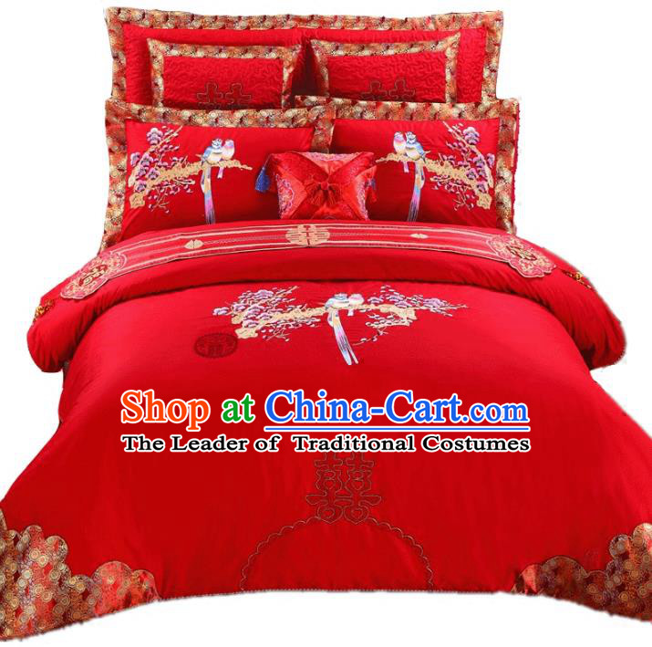 Traditional Chinese Wedding Red Qulit Cover Bedding Sheet Embroidered Magpie Ten-piece Duvet Cover Textile Complete Set