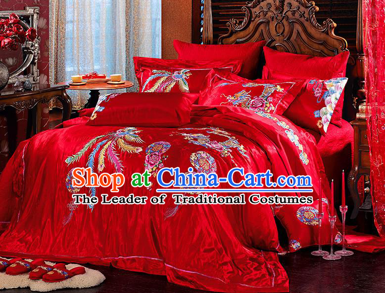 Traditional Asian Chinese Wedding Palace Lace Qulit Cover Bedding Sheet Embroidered Dragon Phoenix Ten-piece Duvet Cover Textile Bedding Suit