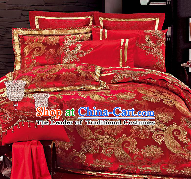 Traditional Asian Chinese Wedding Palace Qulit Cover Bedding Sheet Red Satin Ten-piece Duvet Cover Textile Complete Set