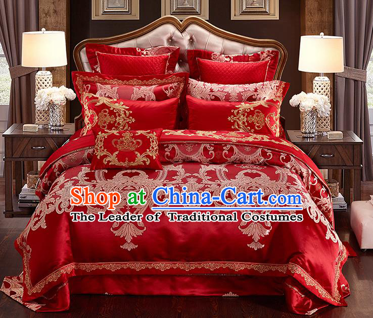 Traditional Asian Chinese Wedding Red Satin Palace Qulit Cover Embroidered Bedding Sheet Ten-piece Duvet Cover Textile Complete Set