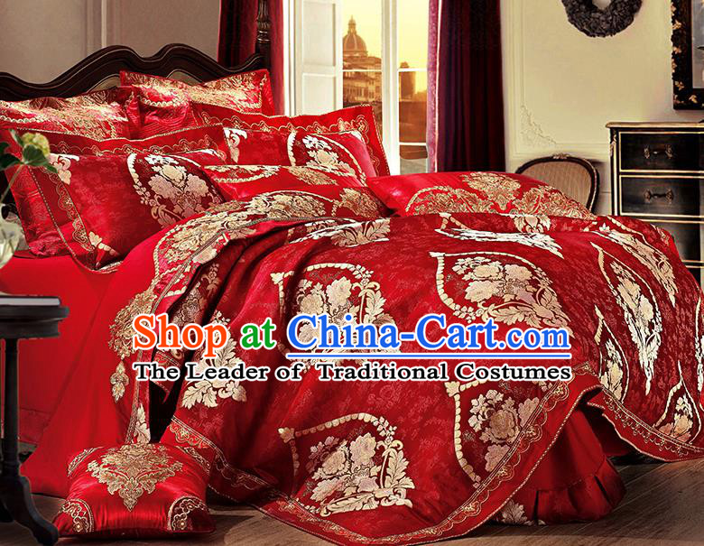 Traditional Asian Chinese Wedding Palace Qulit Cover Bedding Sheet Red Satin Ten-piece Duvet Cover Textile Complete Set