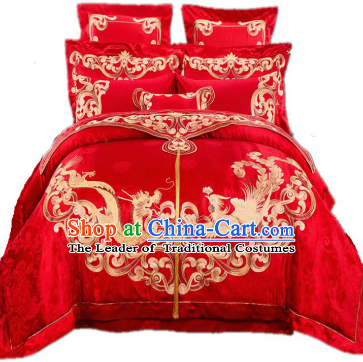 Traditional Chinese Wedding Red Embroidered Dragon Phoenix Ten-piece Bedclothes Duvet Cover Textile Qulit Cover Bedding Sheet Complete Set