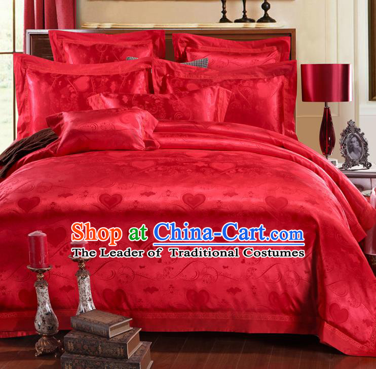 Traditional Chinese Wedding Red Satin Embroidered Four-piece Bedclothes Duvet Cover Textile Qulit Cover Bedding Sheet Complete Set