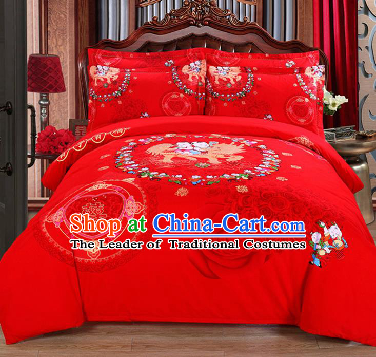 Traditional Chinese Wedding Red Printing Four-piece Bedclothes Duvet Cover Textile Qulit Cover Bedding Sheet Complete Set