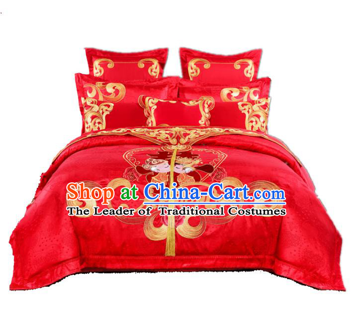 Traditional Chinese Wedding Red Satin Embroidered Ten-piece Bedclothes Duvet Cover Textile Qulit Cover Bedding Sheet Complete Set