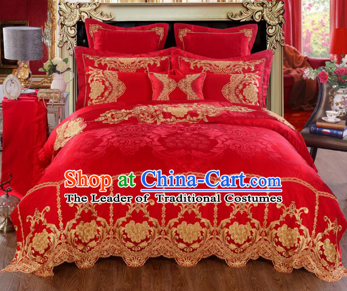 Traditional Chinese Wedding Red Satin Embroidered Ten-piece Bedclothes Duvet Cover Textile Qulit Cover Bedding Sheet Complete Set