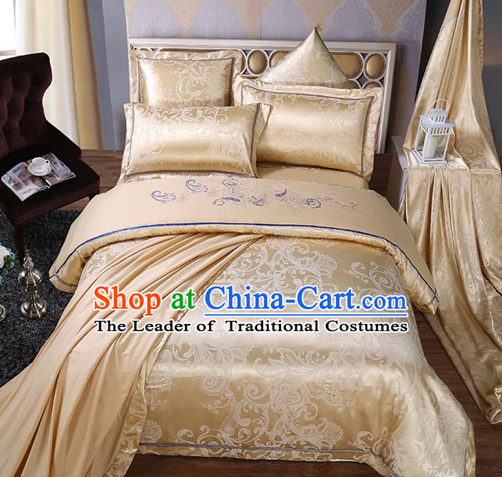 Traditional Chinese Wedding Embroidered Flowers Yellow Satin Six-piece Bedclothes Duvet Cover Textile Qulit Cover Bedding Sheet Complete Set