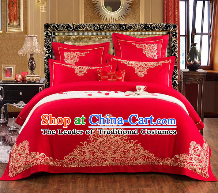 Traditional Chinese Wedding Embroidered Red Eight-piece Bedclothes Duvet Cover Textile Qulit Cover Bedding Sheet Complete Set