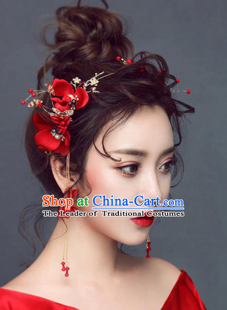 Chinese Traditional Bride Hair Jewelry Accessories Wedding Xiuhe Suit Red Flowers Hair Clasp and Earrings for Women