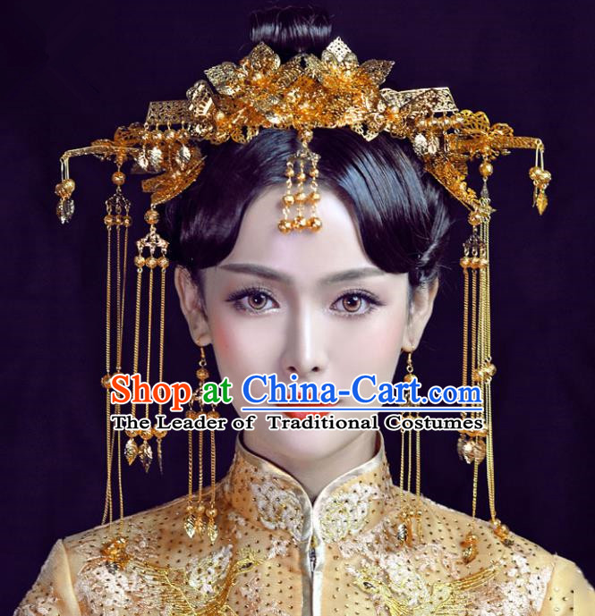 Chinese Traditional Bride Hair Jewelry Accessories Palace Xiuhe Suit Tassel Golden Phoenix Coronet Wedding Hairpins for Women