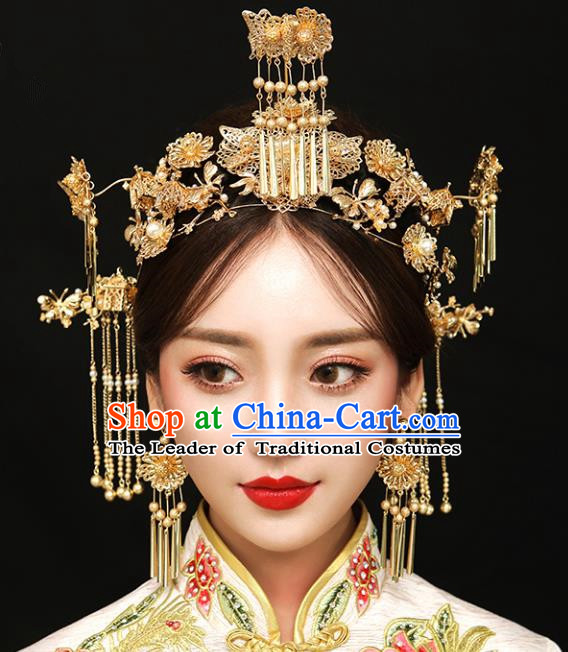 Chinese Traditional Bride Hair Jewelry Accessories Palace Xiuhe Suit Tassel Phoenix Coronet Wedding Hairpins for Women