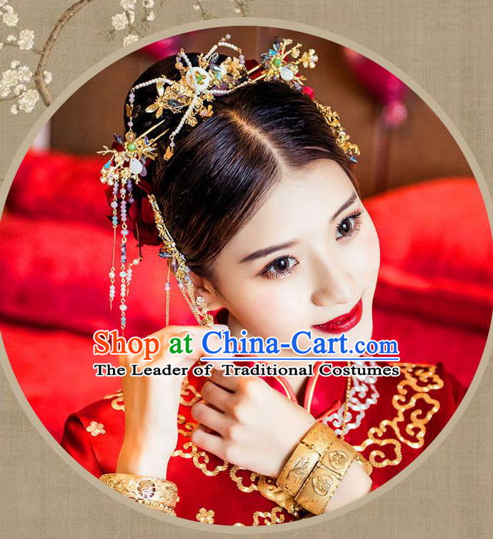 Chinese Traditional Bride Hair Jewelry Accessories Palace Xiuhe Suit Hairpins Wedding Tassel Headwear for Women