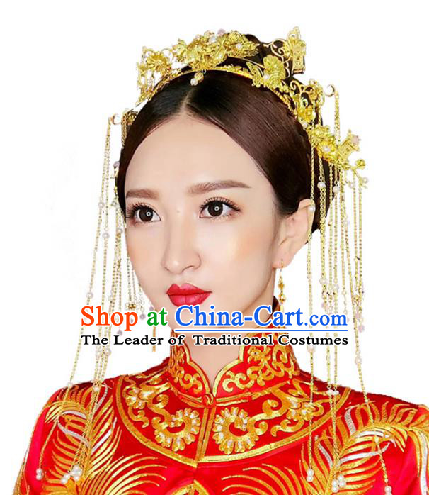 Chinese Traditional Bride Hair Accessories Palace Queen Xiuhe Suit Golden Tassel Phoenix Coronet Wedding Hairpins for Women