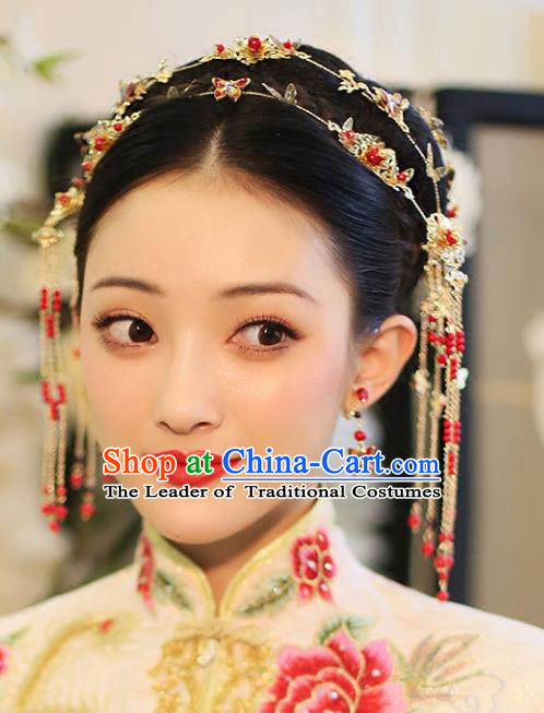 Chinese Traditional Bride Hair Accessories Palace Queen Xiuhe Suit Butterfly Tassel Phoenix Coronet Wedding Hairpins for Women