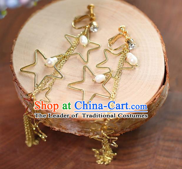 Chinese Traditional Bride Jewelry Accessories Eardrop Princess Wedding Golden Star Tassel Earrings for Women