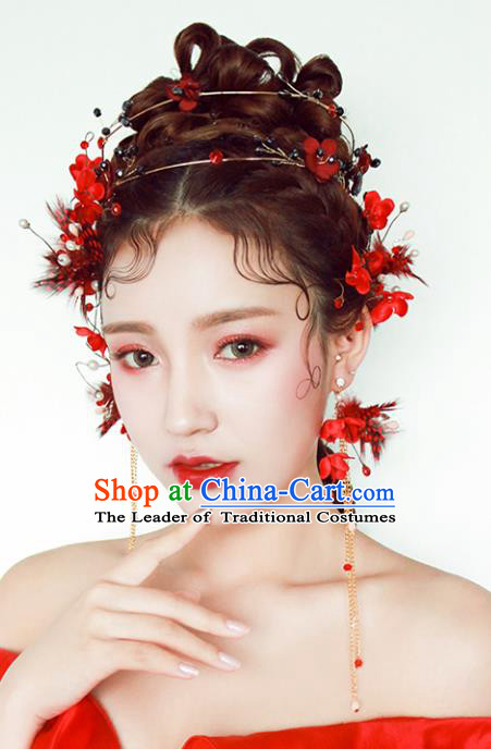 Chinese Traditional Bride Hair Accessories Baroque Princess Wedding Red Feather Hair Clasp and Earrings for Women