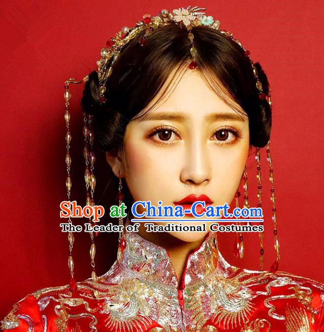 Chinese Traditional Bride Hair Accessories Xiuhe Suit Tassel Phoenix Coronet Wedding Hairpins for Women