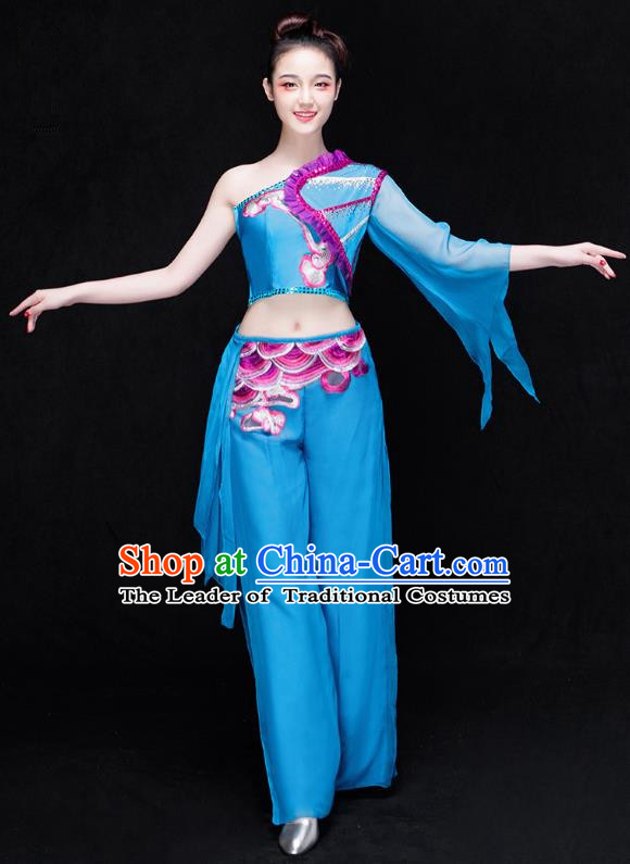 Traditional Chinese Classical Dance Fan Dance Costume, China Yangko Dance Blue Single Sleeve Clothing for Women