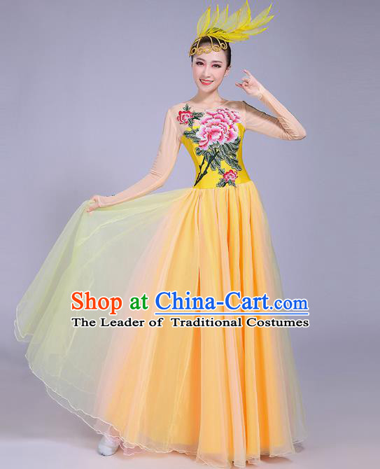 Traditional Chinese Modern Dance Opening Dance Big Swing Yellow Dress Clothing, China Folk Dance Chorus Costume for Women