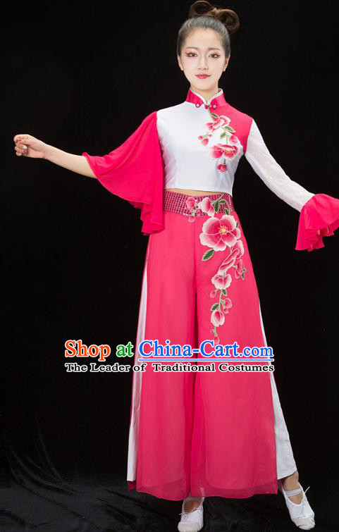 Traditional Chinese Classical Dance Umbrella Dance Embroidered Costume, China Folk Dance Yangko Pink Clothing for Women