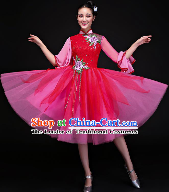 Traditional Chinese Modern Dance Rosy Cheongsam, Opening Dance Chorus Dress Clothing for Women