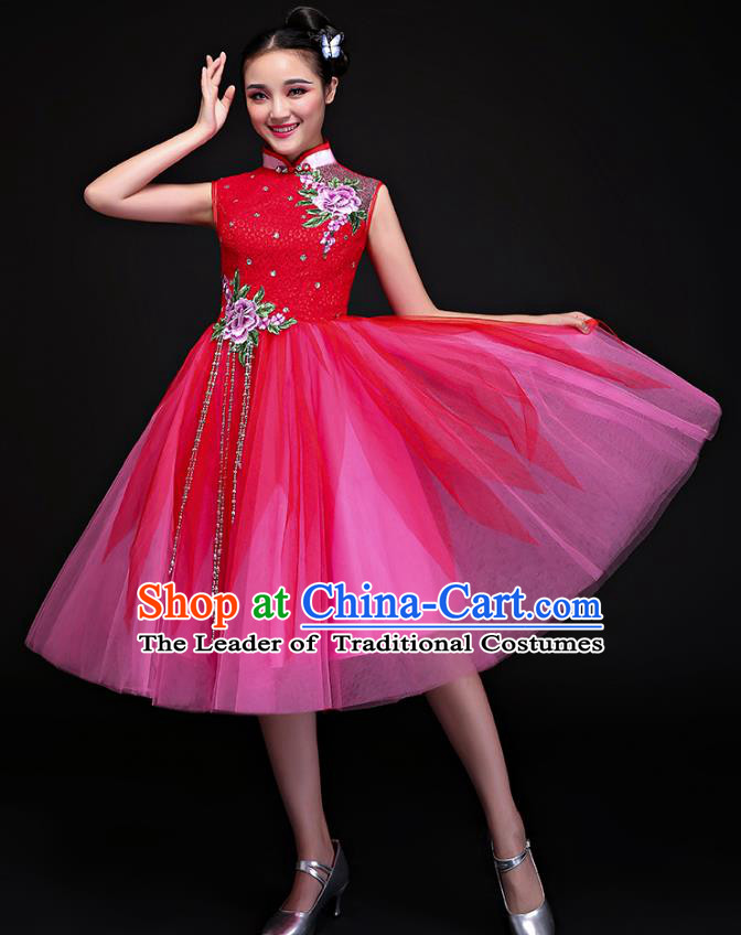 Traditional Chinese Modern Dance Embroidered Red Bubble Dress, Opening Dance Chorus Clothing for Women