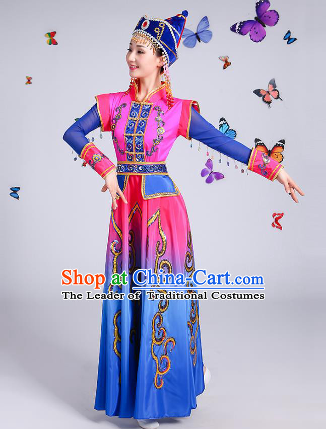 Traditional Chinese Mongol Nationality Dance Costume, Mongolian Female Folk Dance Embroidery Dress Clothing for Women