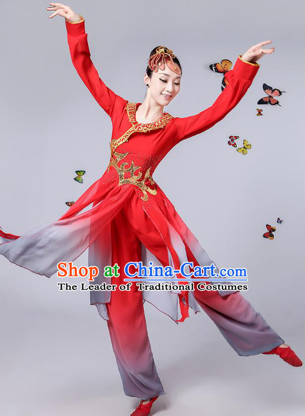 Traditional Chinese Classical Umbrella Dance Red Costume, China Yangko Folk Fan Dance Clothing for Women