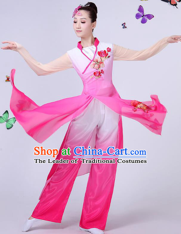 Traditional Chinese Classical Umbrella Dance Pink Embroidered Costume, China Yangko Folk Fan Dance Clothing for Women