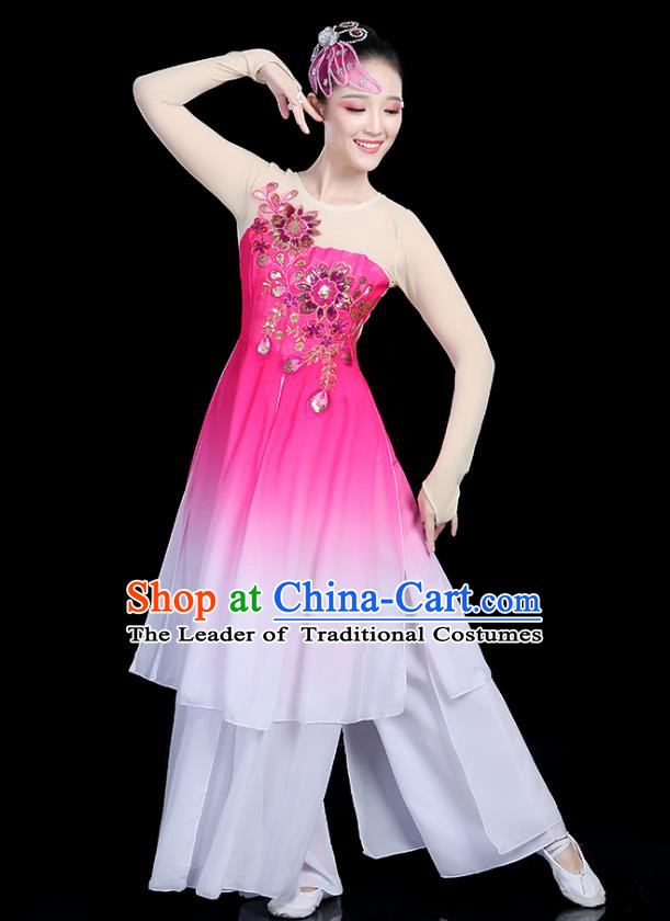 Traditional Chinese Classical Dance Pink Uniform Fan Dance Costume, China Yangko Folk Umbrella Dance Clothing for Women