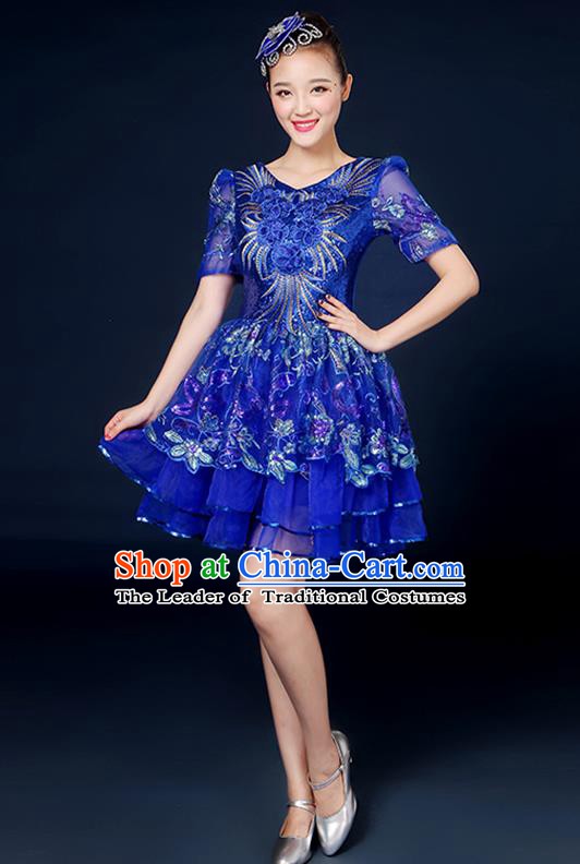 Traditional Chinese Modern Dance Opening Dance Clothing Chorus Classical Dance Blue Bubble Dress for Women