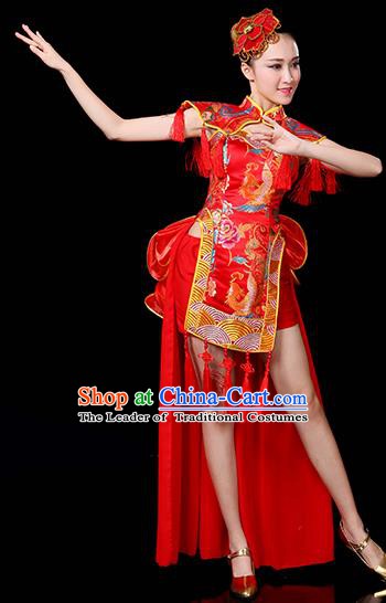 Traditional Chinese Modern Dance Opening Jazz Dance Clothing Chorus Classical Dance Embroidered Red Costume for Women