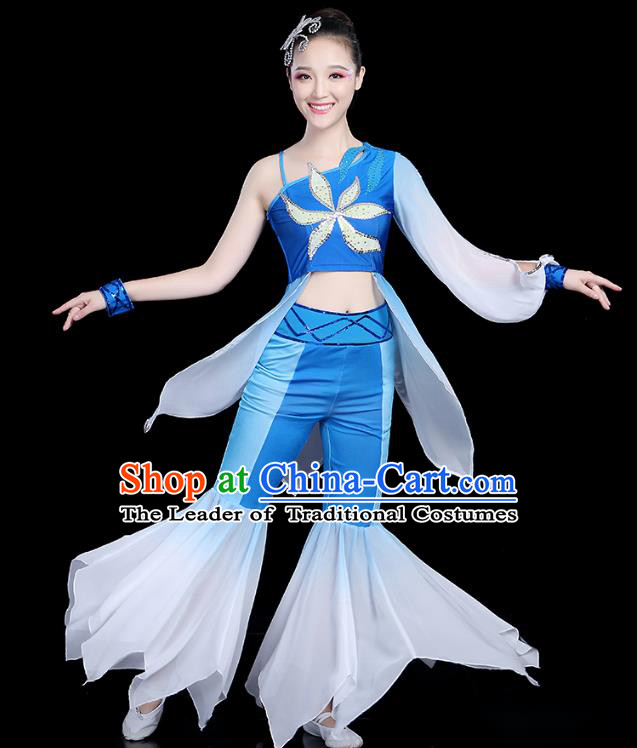 Traditional Chinese Classical Dance Blue Uniform Fan Dance Costume, China Yangko Folk Umbrella Dance Clothing for Women