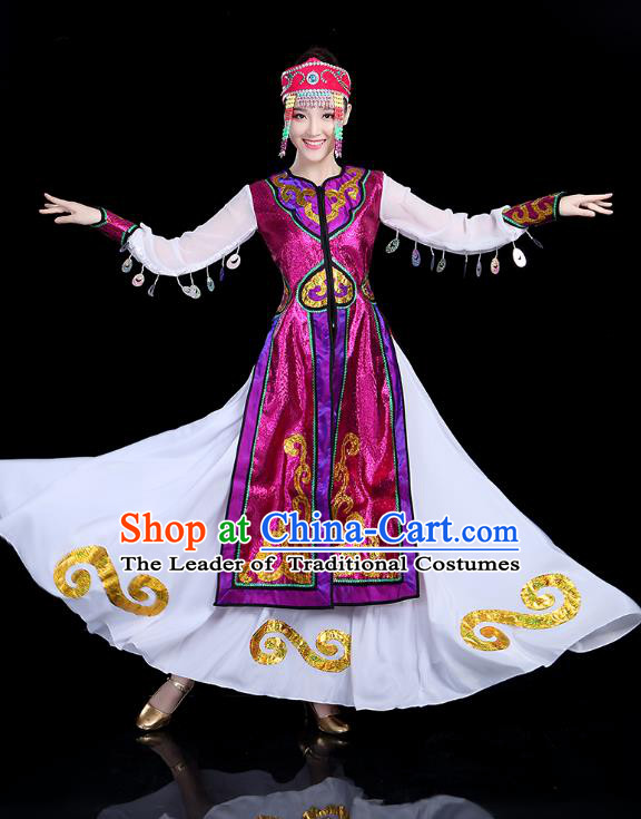 Traditional Chinese Mongol Nationality Dance Costume, Chinese Mongolian Minority Folk Dance Embroidery Clothing for Women