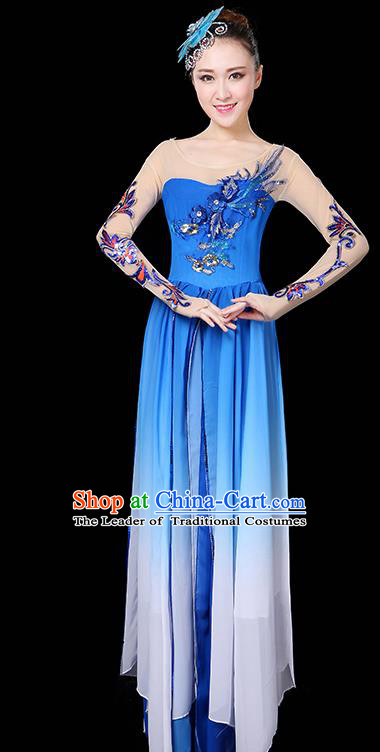 Traditional Chinese Modern Dance Opening Dance Clothing Chorus Yangko Dance Blue Long Dress for Women