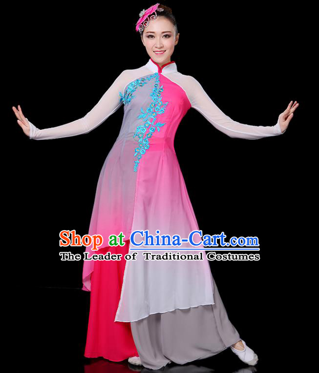 Traditional Chinese Yangge Fan Dance Embroidered Pink Uniform, China Classical Folk Yangko Umbrella Dance Clothing for Women