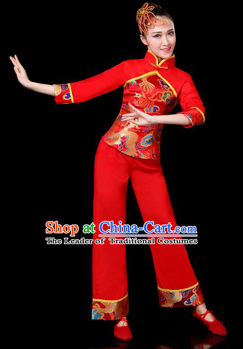 Traditional Chinese Yangge Fan Dance Red Costume, China Classical Folk Dance Yangko Drum Dance Clothing for Women