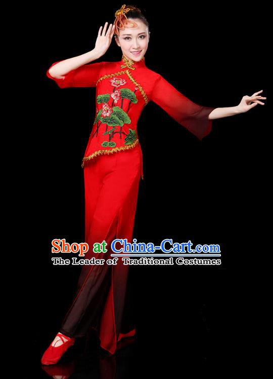 Traditional Chinese Yangge Fan Dance Embroidered Lotus Red Uniform, China Classical Folk Yangko Drum Dance Clothing for Women