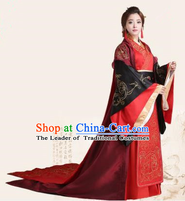 Traditional Chinese Han Dynasty Imperial Empress Wedding Costume, China Ancient Bride Hanfu Trailing Embroidered Clothing for Women