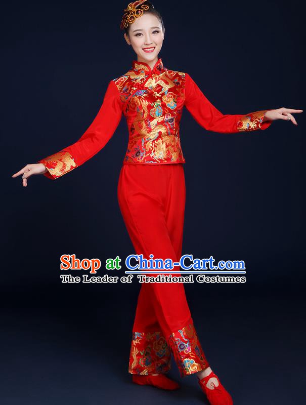 Traditional Chinese Folk Yangge Fan Classical Dance Red Uniform, China Yangko Drum Dance Clothing for Women