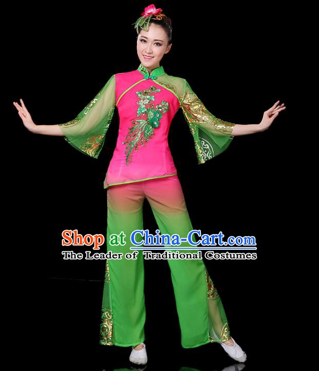 Traditional Chinese Yangge Fan Classical Dance Green Uniform, China Folk Yangko Drum Dance Clothing for Women