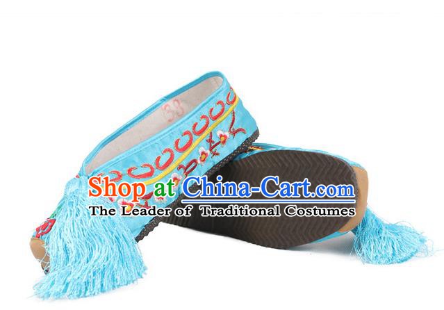 Asian Chinese Beijing Opera Actress Blue Embroidered Shoes, Traditional China Peking Opera Diva Hanfu Shoes