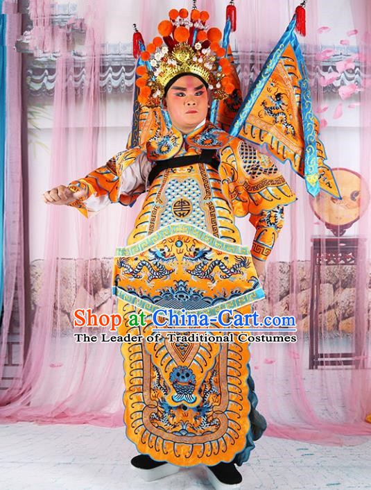 Chinese Beijing Opera General Costume Yellow Embroidered Robe, China Peking Opera Embroidery Gwanbok Clothing