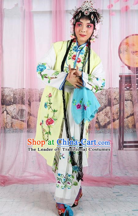 Chinese Beijing Opera Actress Young Lady Embroidered Yellow Costume, China Peking Opera Servant Girl Embroidery Clothing