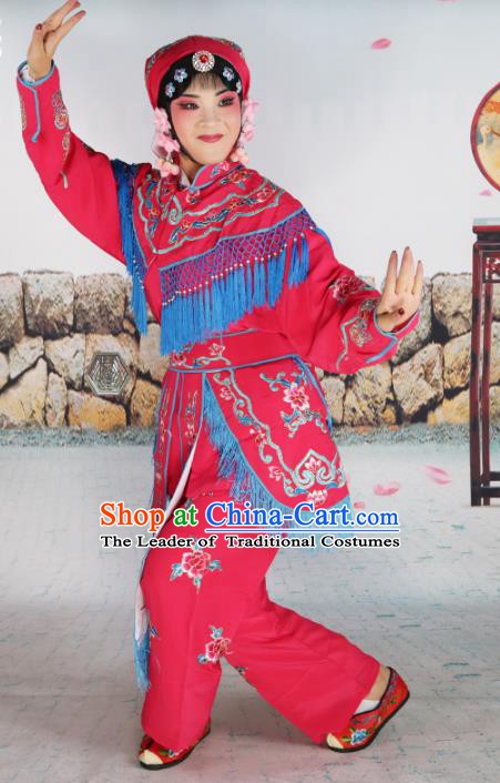 Chinese Beijing Opera Swordplay Embroidered Rosy Costume, China Peking Opera Female Warrior Embroidery Clothing