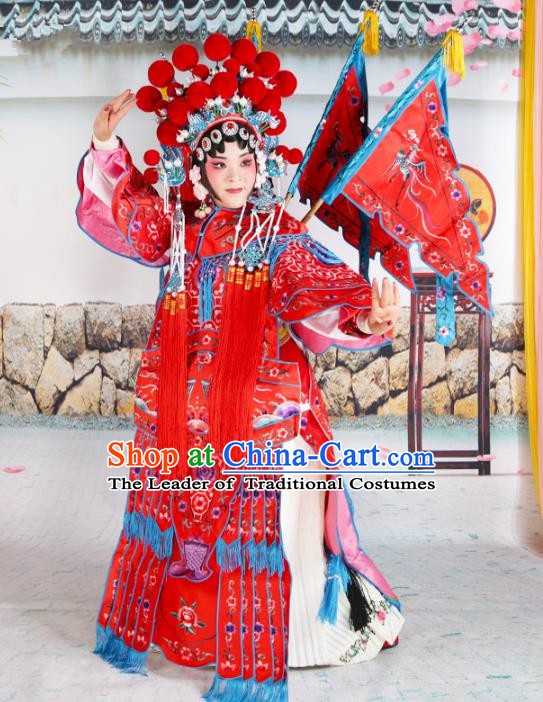 Chinese Beijing Opera Female General Red Embroidered Costume, China Peking Opera Blues Embroidery Clothing