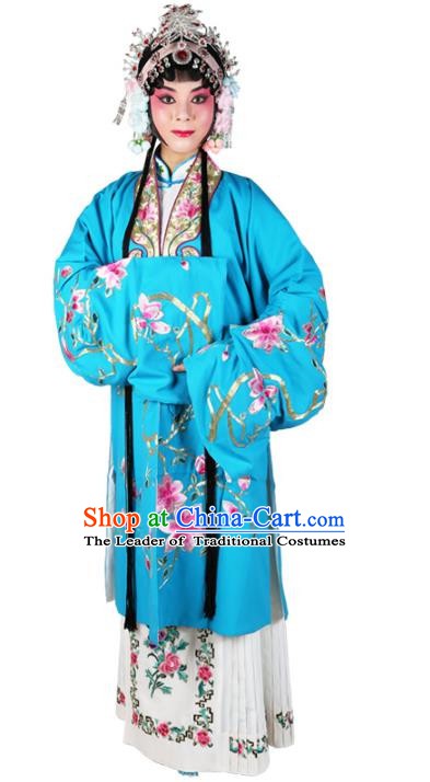 Chinese Beijing Opera Actress Embroidered Flowers Blue Costume, China Peking Opera Diva Embroidery Clothing