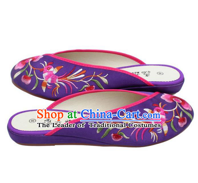 Traditional Chinese National Purple Embroidered Shoes, China Handmade Embroidery Peony Hanfu Slippers for Women