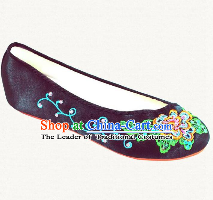 Traditional Chinese National Bride Black Satin Embroidered Shoes, China Handmade Embroidery Peony Hanfu Slippers for Women