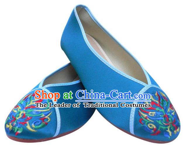 Traditional Chinese National Bride Blue Embroidered Shoes, China Handmade Embroidery Hanfu Cloth Shoes for Women